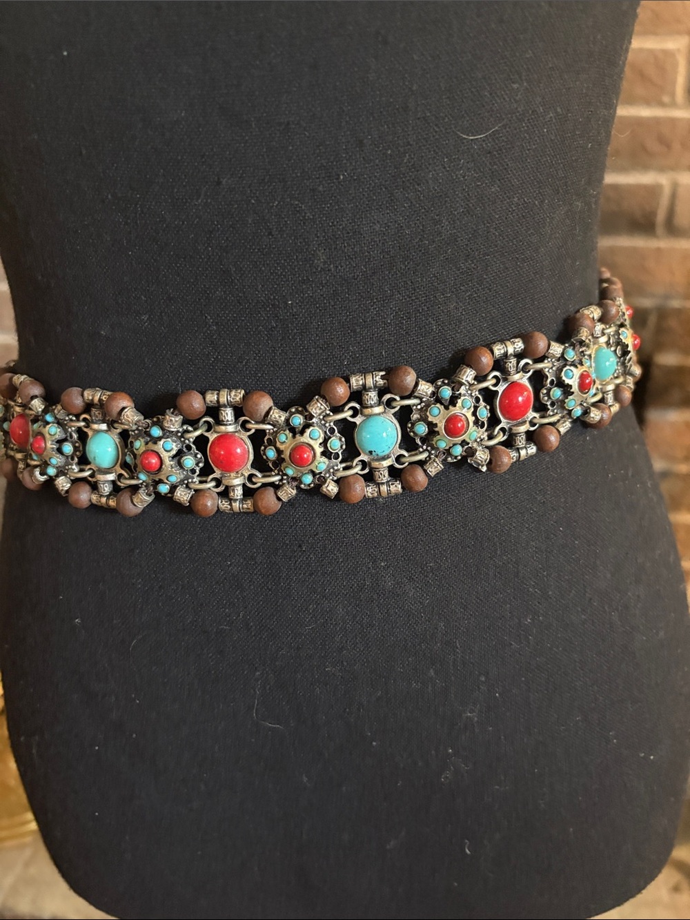 VintageTurquoise and Red Beaded Boho Belt